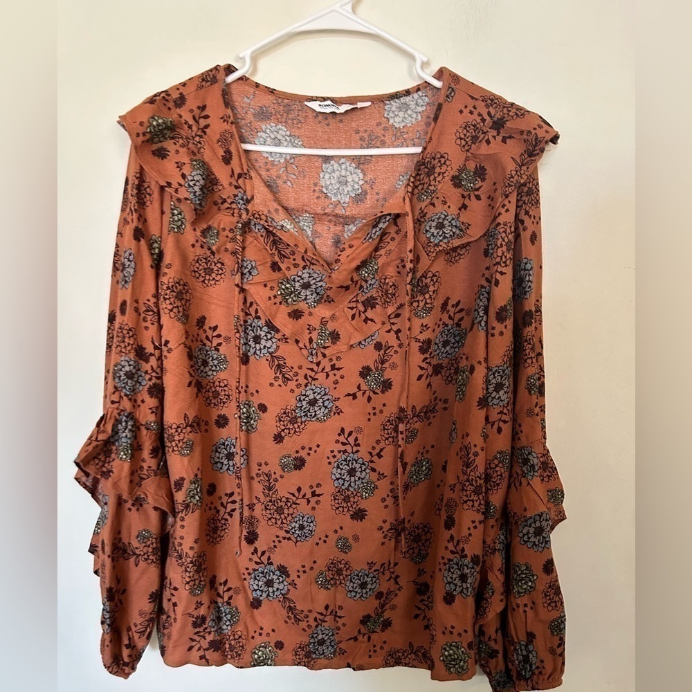 NWT Sonoma long sleeve, floral,burnt orange, bohemian/cottage core ruffle sleeve